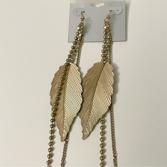 Guess Gold Tone Leaf and Chain Statement Dangle Earrings - Picture 6 of 12